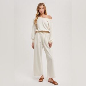 835. Wide Neck Off the Shoulder Knit Jumpsuit in Ecru